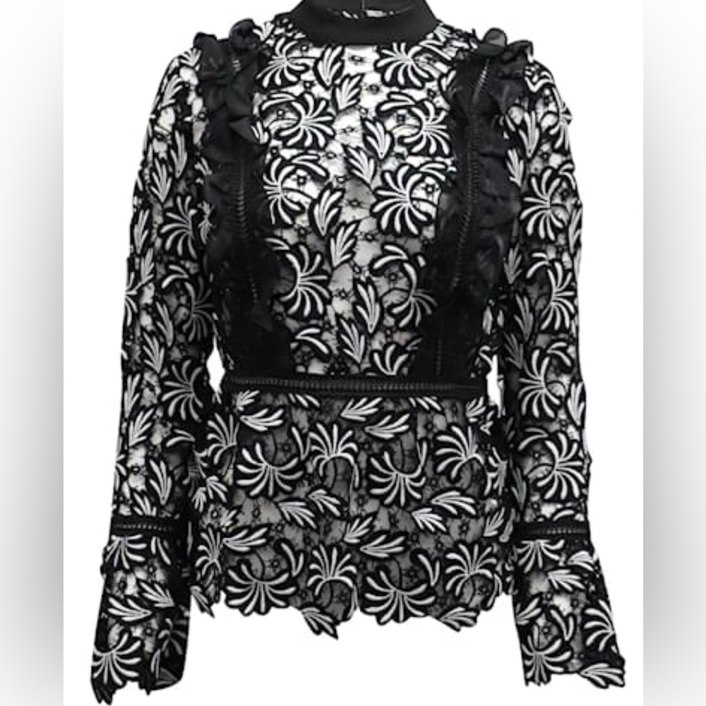 Self portrait Black and White Floral Lace Long Sleeve Top